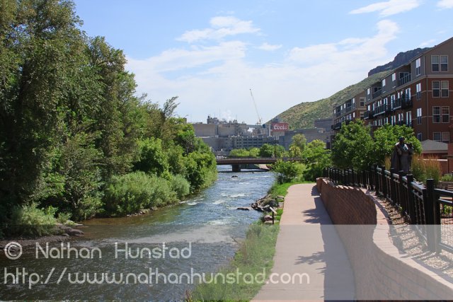 Clear Creek with Coors in the background in Golden, CO